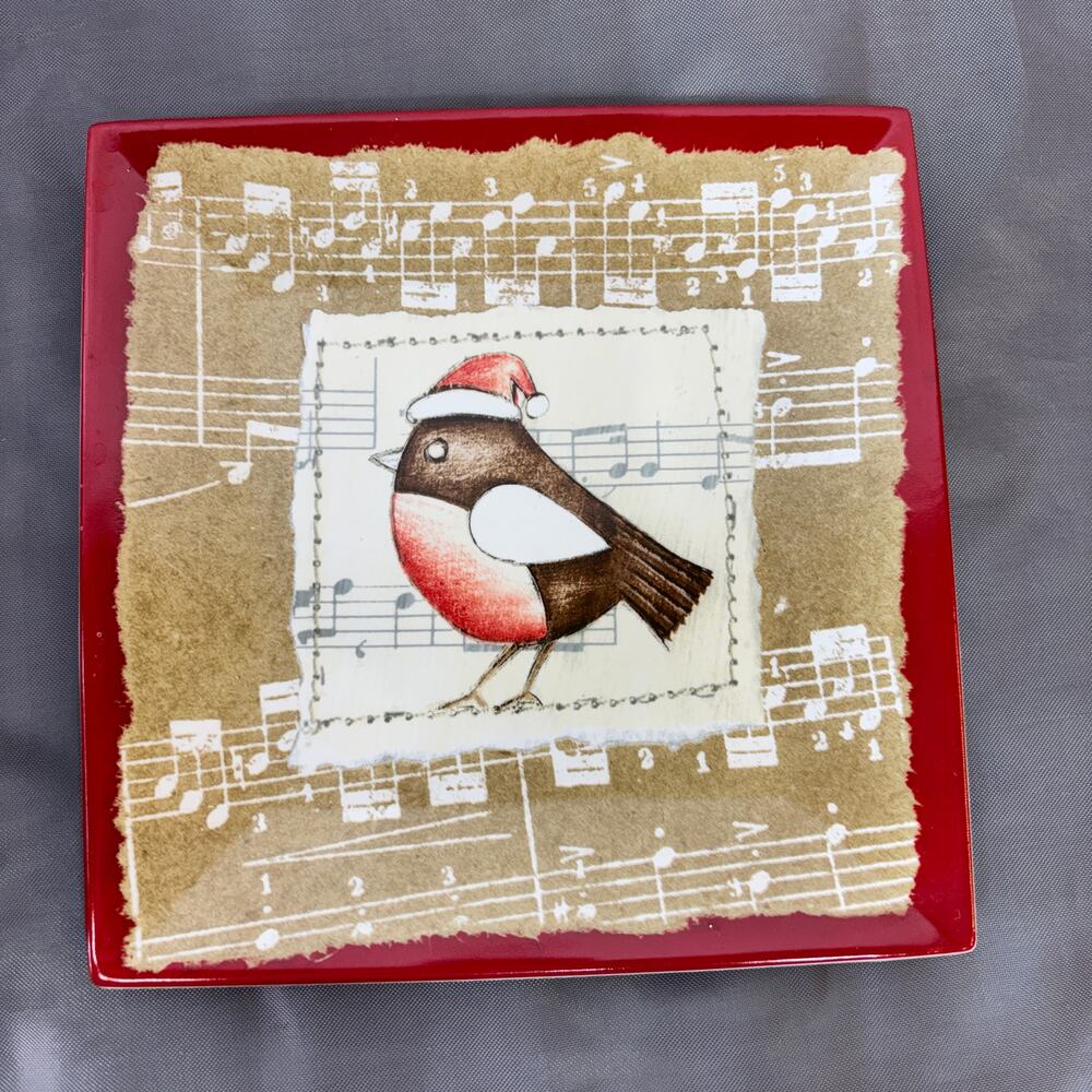 Oneida Winter Song Square Dessert Plate 8" Bird Santa Hat Stoneware Anne Dolan